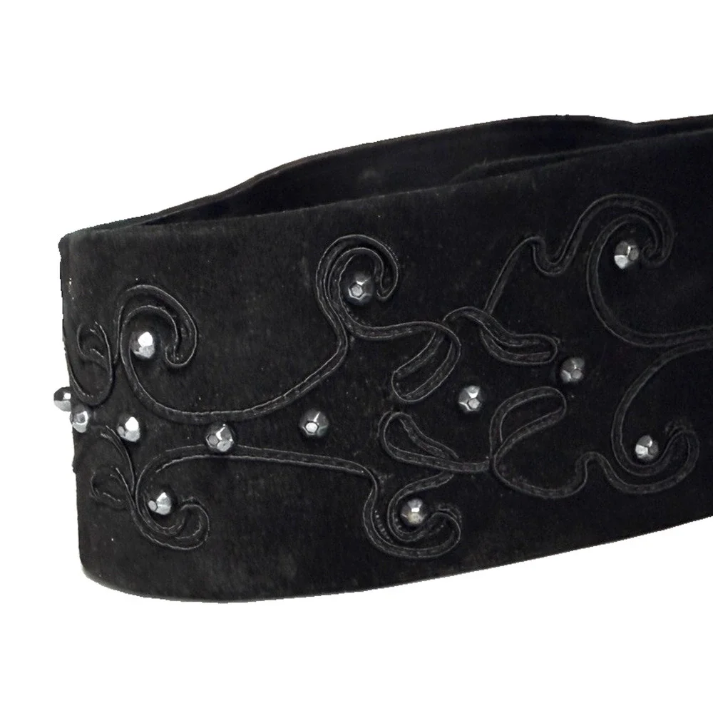 Vintage Suede Leather High Waist Belt Womens Wide Applique Passementerie w Studs